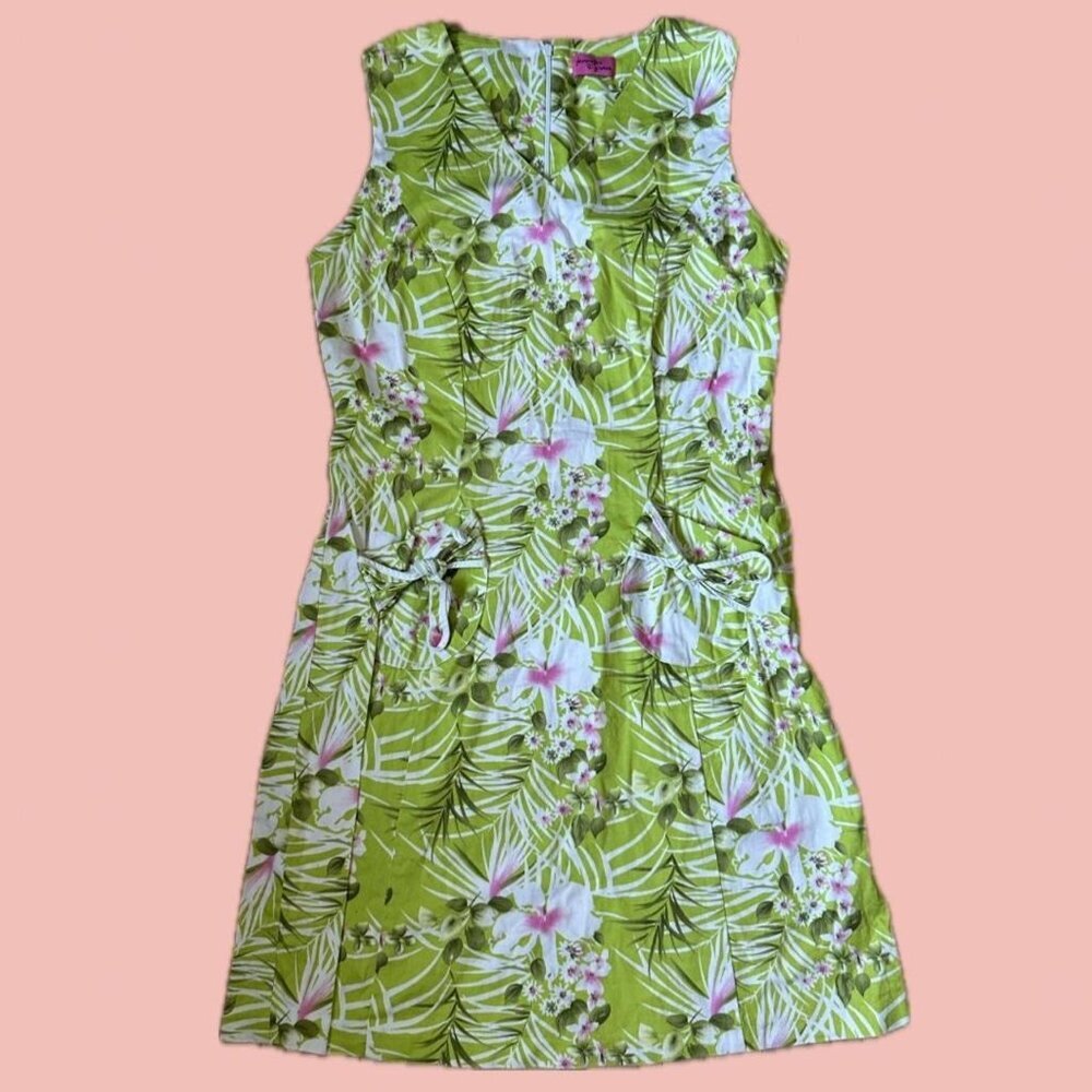 Lovely sleeveless tropical dress green and pink
